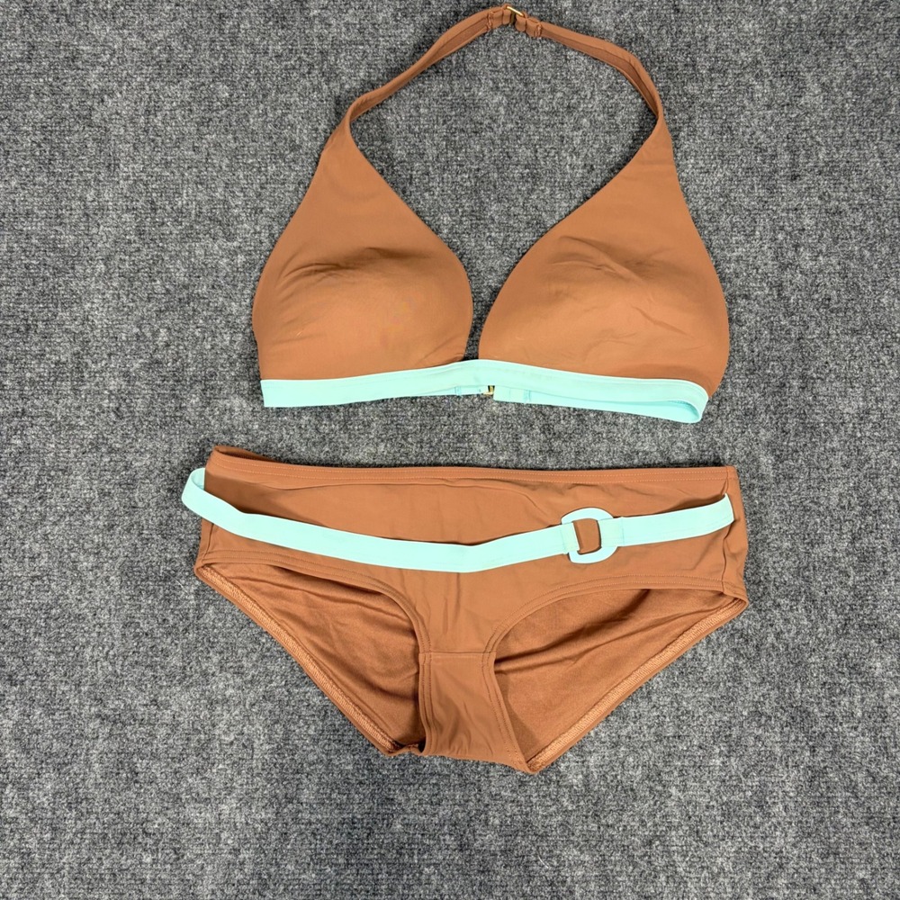 Vintage Victoria Secret Bikini Set Brown Turquoise Halter Top 36D Medium Bottoms